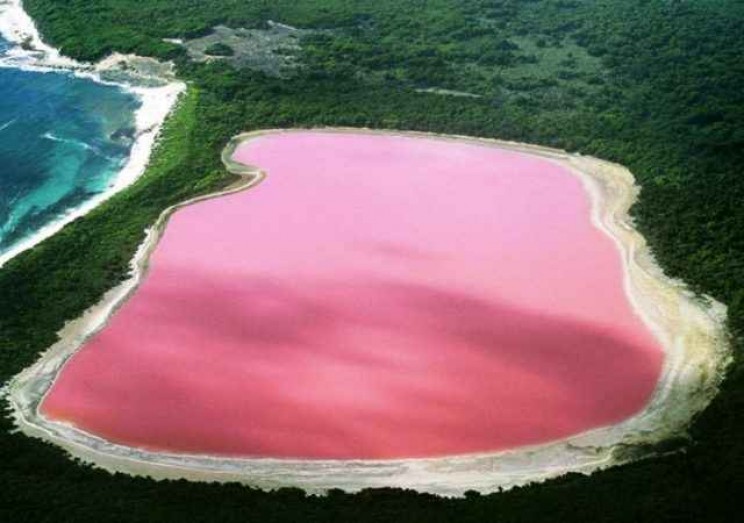 Foto de cima do Lago Hillier na Austráli