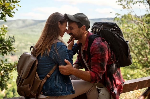 Casal apaixonado fazendo mochilão. Dia dos namorados pelo mundo.